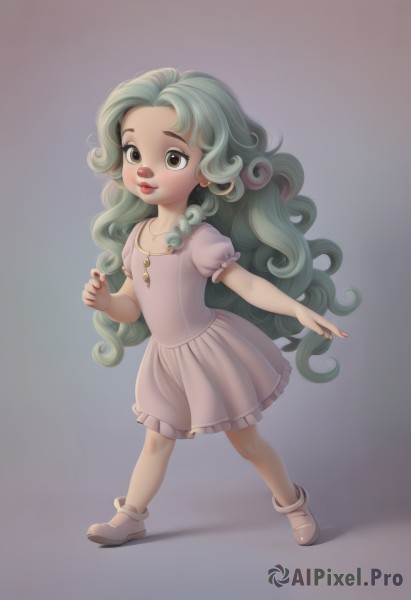 1girl,solo,long hair,looking at viewer,smile,skirt,simple background,dress,brown eyes,jewelry,very long hair,standing,full body,short sleeves,frills,green hair,shoes,socks,puffy sleeves,grey background,necklace,flat chest,puffy short sleeves,lips,gradient background,frilled dress,child,pink dress,curly hair,female child,realistic