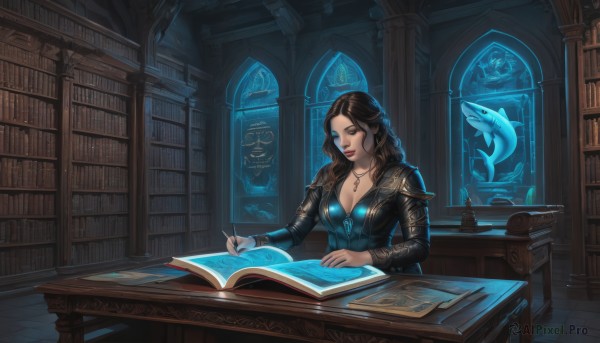 1girl,solo,long hair,breasts,large breasts,brown hair,black hair,long sleeves,dress,cleavage,jewelry,medium breasts,sitting,closed eyes,indoors,necklace,lips,book,window,makeup,chair,table,open book,fantasy,bookshelf,reading,magic,book stack,library,shark,quill,whale,blue eyes,earrings,artist name,armor,mole,watermark,wavy hair,lipstick,shoulder armor,web address,pendant,fish,leather,writing