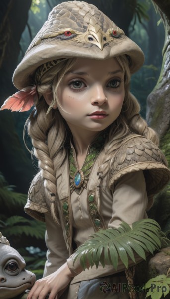 1girl,solo,long hair,looking at viewer,blonde hair,hair ornament,long sleeves,hat,dress,jewelry,green eyes,upper body,braid,outdoors,parted lips,day,necklace,blurry,twin braids,tree,lips,grey eyes,eyelashes,makeup,depth of field,blurry background,bird,animal,leaf,feathers,plant,brooch,gem,nature,hair over shoulder,forest,freckles,snake,realistic,nose,red lips,feather hair ornament,layered sleeves,hat feather,short over long sleeves,owl,multiple braids,blue eyes,holding,sunlight,basket,mushroom,holding basket