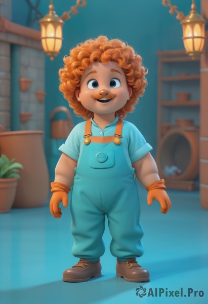 solo,looking at viewer,smile,short hair,open mouth,blue eyes,brown hair,shirt,gloves,1boy,standing,full body,short sleeves,male focus,shoes,teeth,indoors,dark skin,orange hair,blurry,black eyes,blurry background,brown footwear,blue shirt,child,curly hair,potted plant,lamp,overalls,orange gloves,afro,blue overalls,1girl,:d,boots,outdoors,shadow,thick eyebrows,plant,brown gloves,freckles,yellow gloves,flower pot