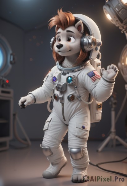 1girl,solo,smile,brown hair,animal ears,brown eyes,closed mouth,standing,full body,artist name,indoors,hand up,signature,star (symbol),blurry,blurry background,headphones,thick eyebrows,furry,waving,furry female,cable,space,body fur,animal nose,american flag,spacesuit,union jack,japanese flag,space helmet,astronaut,1boy,male focus,depth of field,watermark,moon,helmet,star (sky),microphone,web address,claws,headset,science fiction,flag,furry male,planet,flag print