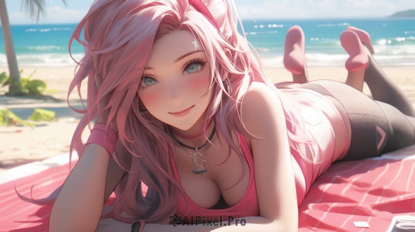 1girl,solo,long hair,breasts,looking at viewer,blush,smile,bangs,blue eyes,large breasts,shirt,cleavage,bare shoulders,jewelry,medium breasts,closed mouth,collarbone,pink hair,ass,hairband,earrings,outdoors,lying,sky,shoes,shorts,sleeveless,choker,day,pants,cloud,water,necklace,blurry,bracelet,tree,blue sky,lips,parted bangs,grey eyes,bare arms,eyelashes,sleeveless shirt,makeup,depth of field,blurry background,ocean,umbrella,beach,phone,black pants,cellphone,tank top,denim,on stomach,towel,wristband,smartphone,legs up,pink shirt,pink lips,sand,palm tree,pink footwear,shade,leggings,earphones,feet up,the pose,beach towel,sweatband,green eyes,ponytail,sidelocks,multicolored hair,pendant,hand in own hair,horizon,beach umbrella,digital media player,earbuds,crossed ankles