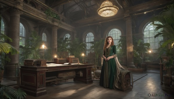 1girl,solo,long hair,looking at viewer,smile,brown hair,dress,jewelry,standing,braid,short sleeves,indoors,book,window,makeup,chair,table,sunlight,plant,lipstick,scenery,hair over shoulder,green dress,stairs,long dress,tiles,potted plant,lamp,candle,tile floor,wide shot,suitcase,ceiling,carpet,arch,chandelier,open mouth,tree,fantasy,bookshelf,candlestand