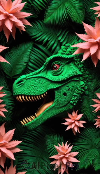 solo,open mouth,red eyes,flower,teeth,tongue,no humans,leaf,fangs,plant,sharp teeth,pink flower,monster,dragon,scales,green theme,looking at viewer,colored skin,green skin,dinosaur