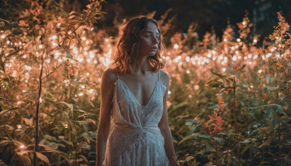 1girl,solo,long hair,breasts,brown hair,dress,cleavage,bare shoulders,brown eyes,collarbone,upper body,flower,small breasts,outdoors,sleeveless,dark skin,medium hair,white dress,blurry,flat chest,dark-skinned female,lips,looking to the side,sleeveless dress,depth of field,looking away,plant,nature,backlighting,realistic,nose,arms at sides,standing,parted lips,blurry background,leaf,wavy hair,curly hair,spaghetti strap,sundress,bokeh