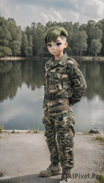 solo,looking at viewer,short hair,blue eyes,black hair,1boy,closed mouth,standing,jacket,full body,male focus,multicolored hair,boots,outdoors,green hair,day,pants,water,uniform,black eyes,two-tone hair,tree,military,military uniform,arms behind back,child,nature,male child,undercut,camouflage,river,lake,soldier,camouflage jacket,camouflage pants,1girl,blush,long sleeves,shoes,bag,backpack,hands in pockets,very short hair