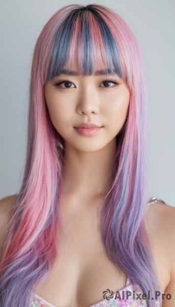 1girl,solo,long hair,breasts,looking at viewer,smile,bangs,simple background,cleavage,bare shoulders,brown eyes,medium breasts,closed mouth,blue hair,swimsuit,upper body,pink hair,purple hair,bikini,multicolored hair,blunt bangs,grey background,black eyes,two-tone hair,lips,makeup,floral print,realistic,dress