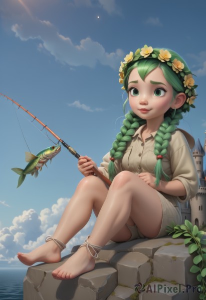 1girl,solo,long hair,breasts,smile,shirt,hair ornament,holding,jewelry,sitting,green eyes,full body,braid,flower,small breasts,outdoors,green hair,sky,shorts,barefoot,day,artist name,cloud,hair flower,water,twin braids,feet,blue sky,lips,legs,bare legs,toes,ocean,watermark,thick eyebrows,plant,child,web address,freckles,fish,toenails,yellow flower,nose,anklet,head wreath,castle,fishing rod,fishing,underwear,panties,rock