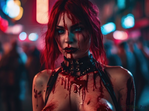 1girl,solo,long hair,breasts,looking at viewer,blue eyes,large breasts,cleavage,bare shoulders,upper body,red hair,solo focus,choker,blurry,collar,lips,blood,makeup,depth of field,blurry background,lipstick,blood on face,realistic,nose,red lips,blood on clothes,bokeh,blood splatter,blood from mouth,black lips,smile