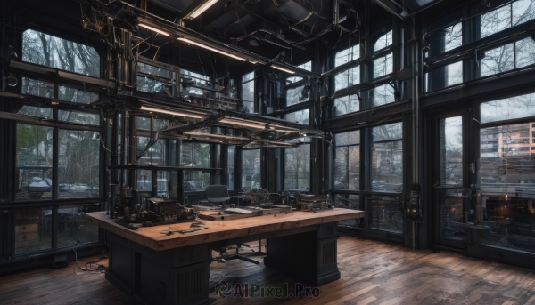 day,indoors,tree,no humans,window,chair,table,building,scenery,snow,desk,science fiction,wooden floor,cable,ruins,bare tree,book,plant,rain,lamp