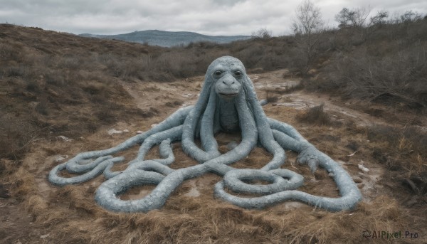 solo,full body,outdoors,sky,day,cloud,tree,pokemon (creature),no humans,animal,cloudy sky,grass,scenery,mountain,realistic,grey sky,looking at viewer,closed mouth,snake,photo background,horror (theme)