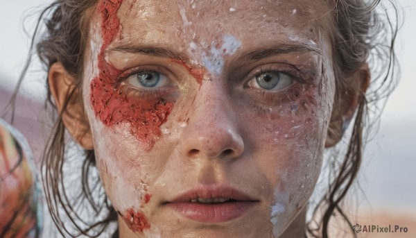 1girl,solo,long hair,looking at viewer,blue eyes,brown hair,black hair,parted lips,blurry,lips,grey eyes,blood,blurry background,portrait,close-up,reflection,blood on face,realistic,teeth,eyelashes,depth of field,messy hair,freckles,dirty,dirty face