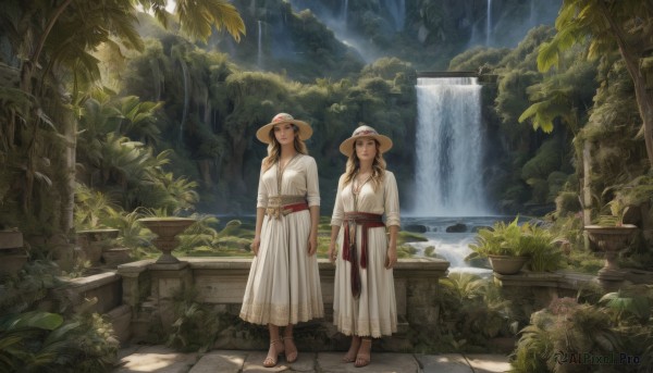 long hair,breasts,looking at viewer,smile,multiple girls,blonde hair,brown hair,red eyes,long sleeves,hat,dress,2girls,closed mouth,standing,outdoors,day,water,white dress,tree,sash,siblings,brown footwear,sandals,sunlight,plant,sisters,nature,scenery,forest,sun hat,arms at sides,straw hat,waterfall,sleeves past elbows,moss,blue eyes,black hair,brown eyes,jewelry,flower,barefoot,belt,white headwear,garden