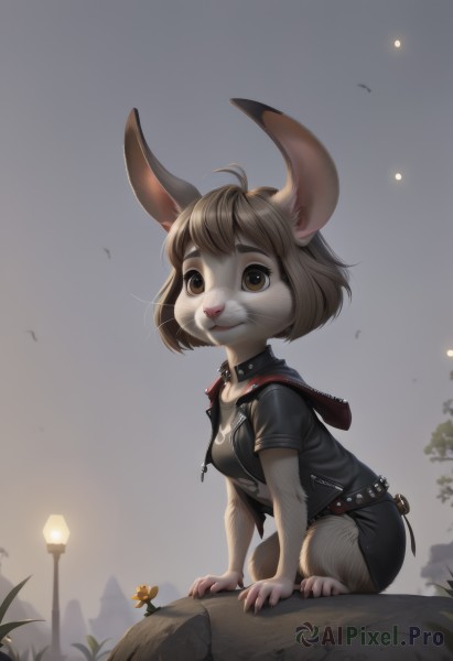 1girl,solo,breasts,looking at viewer,smile,short hair,bangs,brown hair,shirt,animal ears,brown eyes,sitting,closed mouth,jacket,tail,flower,ahoge,short sleeves,small breasts,outdoors,open clothes,sky,shorts,choker,belt,artist name,signature,hood,rabbit ears,collar,open jacket,tree,black jacket,black shirt,:3,animal,watermark,hood down,grass,claws,furry,spikes,zipper,yellow flower,mouse ears,furry female,body fur,spiked collar,lamppost,animal nose,mouse,whiskers,mouse girl,grey sky,buck teeth,dandelion,medium breasts,full body,squatting,thick eyebrows,antenna hair,leather