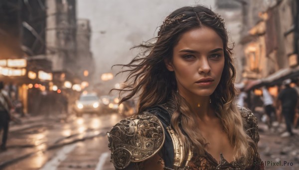 1girl,solo,long hair,looking at viewer,blue eyes,brown hair,black hair,brown eyes,upper body,outdoors,solo focus,dark skin,armor,blurry,lips,dutch angle,depth of field,blurry background,wavy hair,shoulder armor,building,pauldrons,city,realistic,nose,road,street,wind,bokeh