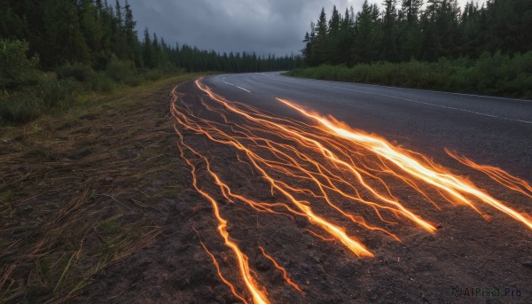 outdoors,sky,day,cloud,tree,no humans,cloudy sky,grass,fire,nature,scenery,forest,electricity,road,bush,lightning,path,landscape