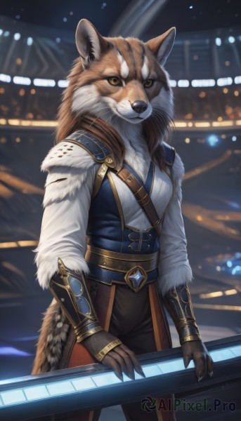 1girl,solo,long hair,breasts,looking at viewer,brown hair,shirt,gloves,long sleeves,animal ears,brown eyes,jewelry,closed mouth,standing,tail,yellow eyes,white shirt,cowboy shot,outdoors,horns,belt,pants,artist name,signature,armor,blurry,vest,fur trim,night,blurry background,black pants,gauntlets,claws,furry,colored sclera,furry female,vambraces,bracer,body fur,brown pants,fur,snout,brown fur,fluffy,orange fur,pelt,shoulder armor