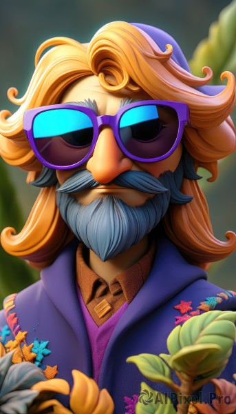 solo,long hair,looking at viewer,brown hair,shirt,1boy,hat,closed mouth,jacket,upper body,flower,grey hair,male focus,multicolored hair,outdoors,collared shirt,medium hair,orange hair,blurry,blurry background,facial hair,sunglasses,portrait,beard,curly hair,mustache,purple shirt,purple jacket,purple headwear,tinted eyewear,bangs,holding,open clothes,artist name,depth of field,leaf,watermark,wing collar,blue jacket,facing viewer,blurry foreground,flipped hair,straight-on