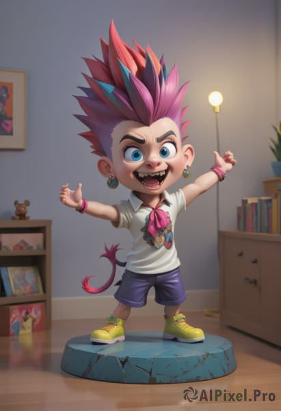 solo,looking at viewer,smile,short hair,open mouth,blue eyes,shirt,1boy,jewelry,blue hair,standing,tail,full body,white shirt,pink hair,short sleeves,:d,male focus,red hair,multicolored hair,earrings,shoes,shorts,teeth,tongue,collared shirt,artist name,indoors,arms up,bracelet,two-tone hair,book,fangs,upper teeth only,piercing,outstretched arms,aged down,sharp teeth,spiked hair,t-shirt,sneakers,ear piercing,child,blue shorts,watch,wooden floor,bookshelf,wristwatch,lamp,male child,shelf,yellow footwear,mohawk,faux figurine,purple hair,stuffed toy,ring,stuffed animal,personification,teddy bear,bangle,thumbs up