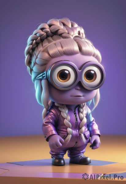 1girl,solo,long hair,looking at viewer,blonde hair,long sleeves,brown eyes,closed mouth,standing,jacket,full body,braid,boots,shoes,glasses,pants,artist name,chibi,black footwear,twin braids,shadow,colored skin,zipper,purple background,purple skin,pink skin,purple pants,multiple braids,parted lips,blurry,blurry background,goggles,goggles on head,arms at sides,zipper pull tab,jumpsuit,dreadlocks