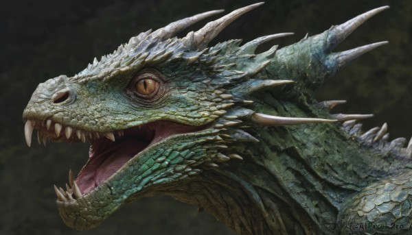 solo,open mouth,yellow eyes,horns,teeth,tongue,tongue out,grey background,from side,no humans,fangs,sharp teeth,slit pupils,claws,spikes,monster,realistic,dragon,scales,black background,dinosaur