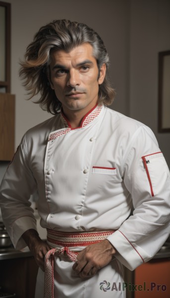 solo,looking at viewer,brown hair,black hair,long sleeves,1boy,brown eyes,closed mouth,standing,white shirt,grey hair,male focus,multicolored hair,cowboy shot,indoors,medium hair,blurry,black eyes,two-tone hair,streaked hair,sash,buttons,blurry background,facial hair,pocket,realistic,chef,wrinkled skin,jacket,pants,artist name,signature,dark skin,lips,scar,dark-skinned male,thick eyebrows,beard,scar on face,white pants,mustache,manly,old,old man