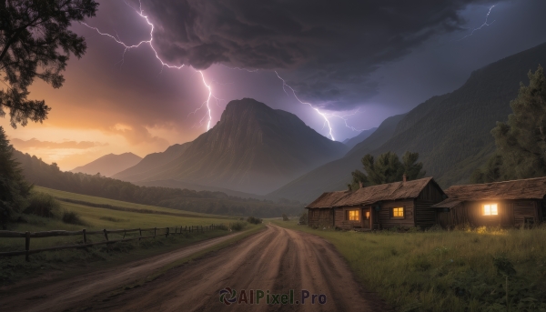 outdoors,sky,cloud,tree,no humans,window,cloudy sky,grass,building,nature,scenery,forest,sunset,mountain,fence,electricity,road,house,lightning,landscape,mountainous horizon,path,hill,bush,field,wooden fence