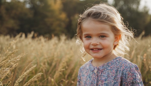 1girl,solo,looking at viewer,smile,short hair,blonde hair,brown hair,shirt,dress,upper body,outdoors,parted lips,teeth,artist name,signature,blurry,black eyes,lips,floating hair,depth of field,blurry background,blue dress,blue shirt,wind,child,realistic,female child,open mouth,brown eyes,day,pointy ears,wheat