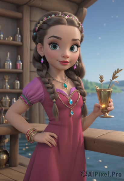 1girl,solo,long hair,breasts,looking at viewer,blush,smile,brown hair,hair ornament,dress,holding,jewelry,closed mouth,green eyes,standing,collarbone,braid,flower,short sleeves,cowboy shot,earrings,small breasts,outdoors,sky,day,puffy sleeves,artist name,indoors,water,necklace,nail polish,blurry,twin braids,bracelet,cup,blue sky,puffy short sleeves,lips,fingernails,hand on hip,eyelashes,makeup,depth of field,blurry background,ocean,red dress,thick eyebrows,bottle,tiara,plant,lipstick,gem,child,pink dress,holding cup,hair over shoulder,red nails,purple dress,forehead,pink nails,pendant,alcohol,drinking glass,freckles,beads,glint,drink,railing,red lips,female child,glass,coin,hair pulled back,gold,vase,pearl necklace,jar,blue gemstone,multi-tied hair,red gemstone,princess,multiple braids,chalice,blue eyes,hairband,signature,aged down,pink lips