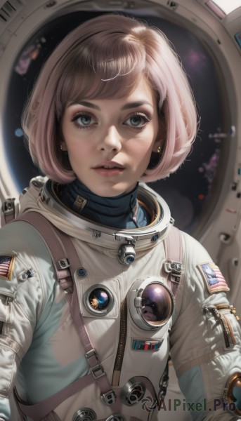 1girl,solo,looking at viewer,short hair,bangs,blue eyes,jewelry,upper body,pink hair,earrings,parted lips,artist name,blurry,lips,grey eyes,eyelashes,makeup,turtleneck,bob cut,freckles,realistic,nose,space,planet,american flag,spacesuit,japanese flag,space helmet,astronaut,brown hair,teeth,signature,bodysuit,swept bangs,helmet,reflection,science fiction,emblem,pilot suit,badge,earth (planet),spacecraft,pilot