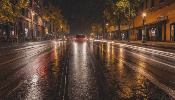 outdoors,sky,water,tree,no humans,night,ground vehicle,building,scenery,motor vehicle,reflection,rain,city,sign,car,light,road,bench,power lines,lamppost,street,road sign,puddle,train station,crosswalk,real world location,vanishing point,signature,window,night sky,realistic,pavement,sidewalk