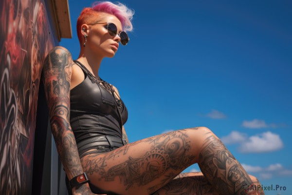 1girl,solo,breasts,short hair,jewelry,medium breasts,sitting,pink hair,thighs,red hair,multicolored hair,earrings,outdoors,sky,shorts,sleeveless,day,cloud,bracelet,from side,two-tone hair,blue sky,lips,tattoo,makeup,piercing,sunglasses,tank top,lipstick,ear piercing,watch,nose,smoking,wristwatch,stud earrings,against wall,arm tattoo,very short hair,shoulder tattoo,undercut,tinted eyewear,leg tattoo,mohawk,graffiti,full-body tattoo,aviator sunglasses,small breasts,leather,facial tattoo,nose piercing,eyebrow piercing