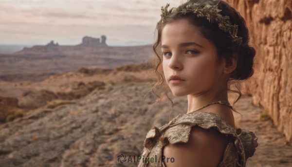 1girl,solo,looking at viewer,blue eyes,brown hair,black hair,dress,jewelry,closed mouth,upper body,outdoors,sky,cloud,dark skin,necklace,blurry,lips,blurry background,portrait,realistic,nose,bare shoulders,brown eyes,day,hair bun,black eyes,from side,tiara,sand,desert