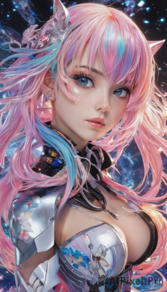 1girl,solo,long hair,breasts,looking at viewer,bangs,blue eyes,large breasts,hair ornament,animal ears,cleavage,jewelry,medium breasts,blue hair,upper body,pink hair,multicolored hair,earrings,parted lips,cat ears,armor,two-tone hair,lips,streaked hair,eyelashes,makeup,cleavage cutout,nose,artist name,necklace,gradient hair,freckles