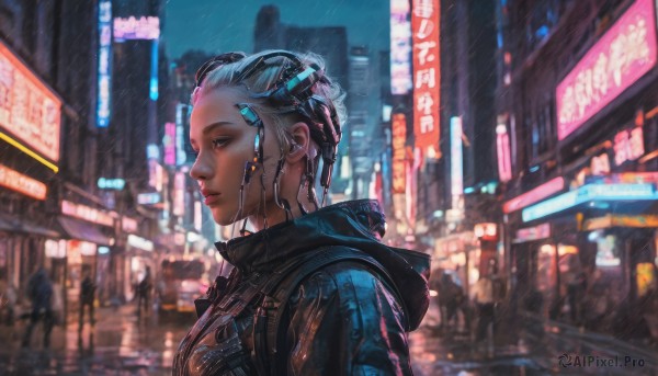 1girl, solo, short hair, jacket, upper body, outdoors, hood, blurry, from side, lips, profile, night, science fiction, rain, city, realistic, nose, cyberpunk, neon lights