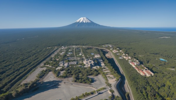 outdoors,sky,day,cloud,water,tree,blue sky,no humans,ocean,grass,building,nature,scenery,forest,mountain,city,horizon,road,river,landscape,mountainous horizon,lake,hill,town,beach,cityscape,watercraft,shore,real world location,island,mount fuji