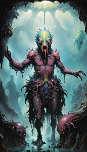 solo,looking at viewer,open mouth,red eyes,standing,teeth,tongue,water,no humans,glowing,sharp teeth,glowing eyes,tentacles,monster,creature,dripping,extra eyes,slime (substance),horror (theme),eldritch abomination,1girl,breasts,full body,small breasts,artist name,colored skin,fangs,monster girl,claws,fantasy,cave