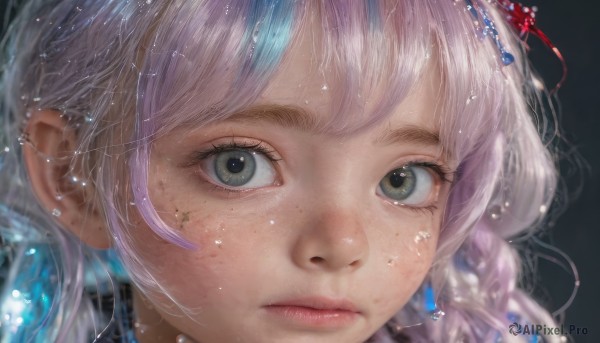 1girl,solo,long hair,looking at viewer,bangs,hair ornament,closed mouth,green eyes,pink hair,multicolored hair,star (symbol),blurry,lips,grey eyes,eyelashes,piercing,portrait,close-up,freckles,realistic,nose,simple background,jewelry,blue hair,white hair,artist name,water,expressionless,black background,water drop