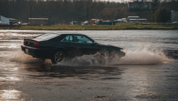 outdoors,tree,no humans,ground vehicle,building,nature,scenery,motor vehicle,forest,realistic,car,road,vehicle focus,sports car,truck,water,rain,photo background