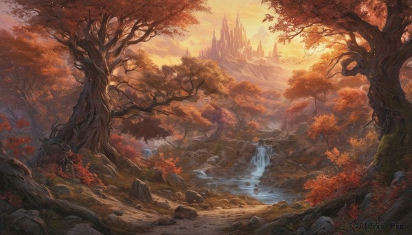 The timeless beauty of a waterfall in a bold sunset outdoors