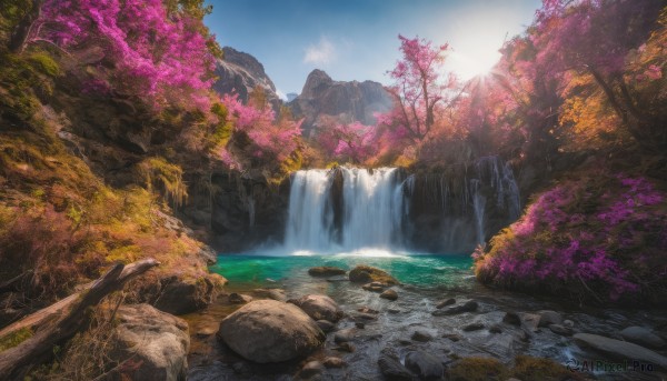 outdoors, sky, day, cloud, water, tree, blue sky, no humans, sunlight, nature, scenery, rock, mountain, sun, river, waterfall, landscape