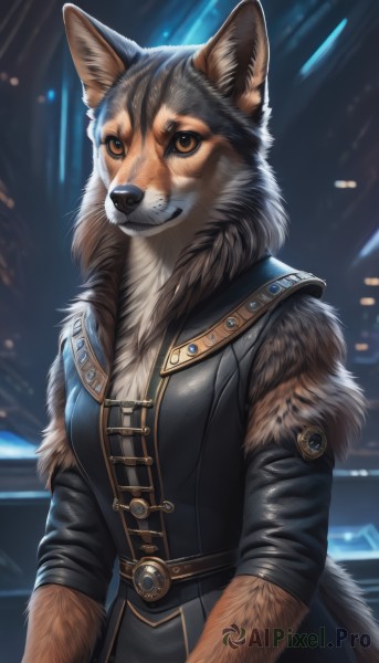 1girl,solo,breasts,looking at viewer,animal ears,brown eyes,standing,jacket,tail,upper body,belt,artist name,signature,blurry,black jacket,orange eyes,blurry background,furry,colored sclera,dog,furry female,furry male,body fur,leather,smile,long sleeves,closed mouth,teeth,fur trim,fur collar,fur,snout,brown fur