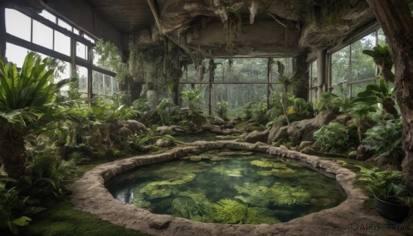 outdoors,day,indoors,water,tree,no humans,window,leaf,sunlight,grass,plant,nature,scenery,rock,potted plant,ruins,vines,lily pad,moss,pond,overgrown,green theme