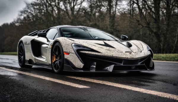 outdoors,blurry,tree,no humans,blurry background,ground vehicle,nature,motor vehicle,forest,car,road,vehicle focus,photo background,wheel,sports car,solo,realistic