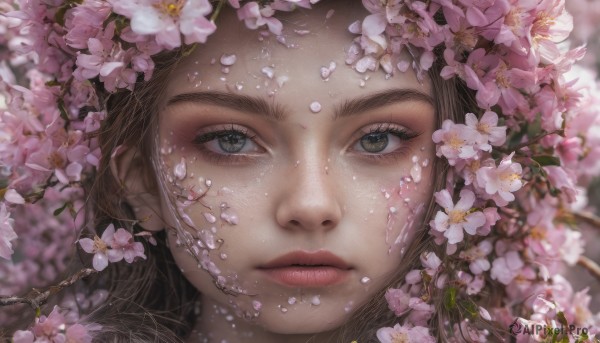 1girl, solo, long hair, looking at viewer, brown hair, brown eyes, closed mouth, flower, parted lips, blurry, lips, petals, eyelashes, depth of field, cherry blossoms, portrait, close-up, realistic, nose, branch