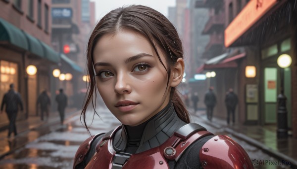 1girl,looking at viewer,brown hair,brown eyes,upper body,ponytail,outdoors,parted lips,solo focus,armor,mole,blurry,lips,mole under eye,bodysuit,depth of field,blurry background,building,portrait,freckles,science fiction,rain,city,realistic,road,street,power armor,people,long hair,forehead,nose