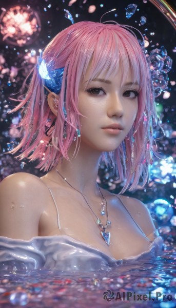 1girl,solo,breasts,looking at viewer,short hair,bangs,hair ornament,cleavage,bare shoulders,brown eyes,jewelry,medium breasts,collarbone,upper body,pink hair,earrings,parted lips,artist name,water,necklace,blurry,lips,wet,gem,wet clothes,pendant,partially submerged,freckles,crystal,realistic,nose,horns,petals