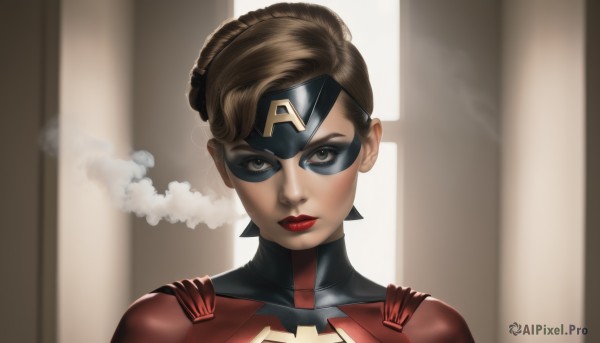 1girl,solo,looking at viewer,short hair,brown hair,brown eyes,closed mouth,upper body,hair bun,lips,bodysuit,makeup,mask,single hair bun,lipstick,portrait,eyeshadow,smoke,red lips,superhero,domino mask,eyelashes,window,backlighting,realistic,nose,red bodysuit