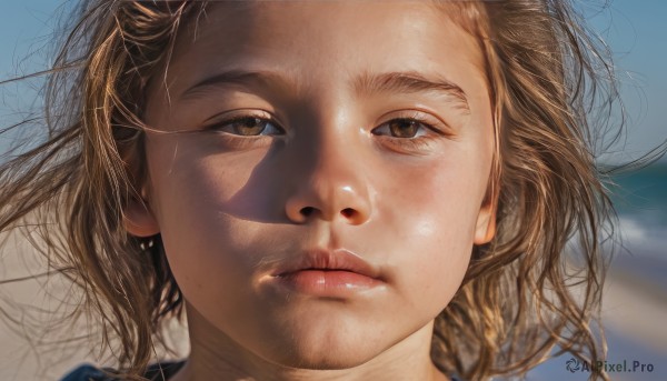 1girl,solo,looking at viewer,short hair,brown hair,brown eyes,jewelry,closed mouth,earrings,outdoors,parted lips,sky,day,blurry,lips,blurry background,shadow,wind,messy hair,portrait,close-up,freckles,realistic,nose,long hair,blue sky,eyelashes