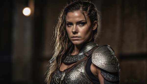 1girl,solo,long hair,looking at viewer,blonde hair,brown hair,brown eyes,closed mouth,upper body,multicolored hair,dark skin,armor,mole,blurry,two-tone hair,dark-skinned female,lips,grey eyes,blurry background,scar,shoulder armor,forehead,freckles,pauldrons,breastplate,realistic,nose,gorget,chainmail,breasts,black hair,cleavage